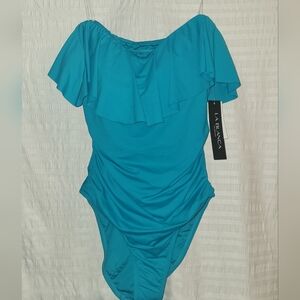 NWT La Blanca 1 piece swimsuit. Off shoulder. Teal green. sz 12. Flattering fit